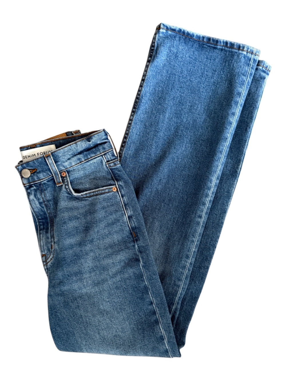 Denim Forum The Arlo Hi-Rise Straight Jean Size 24 Long Inseam Classic Med Wash